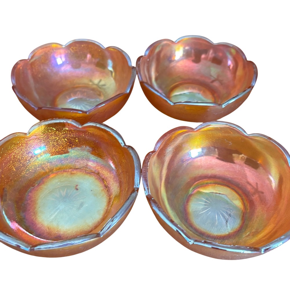 Jeannette‎ Glass Marigold Carnival Glass Crackle 4 inch Bowl Set of 4 Bowls